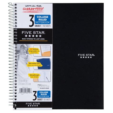 one subject spiral notebook with pockets|3 subject notebook five star.